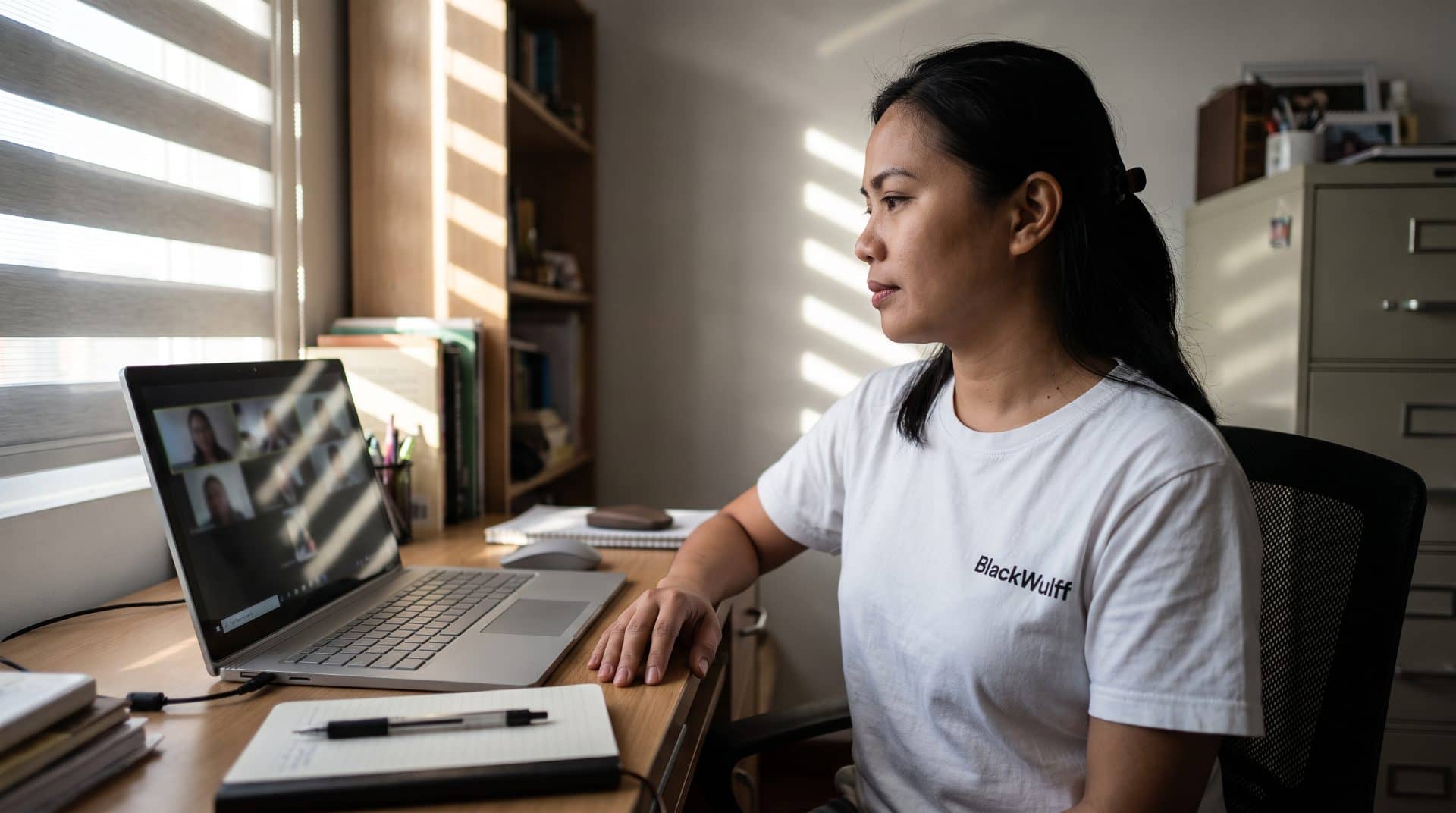 A remote Filipino paralegal on a video call with a grid of faces visible.