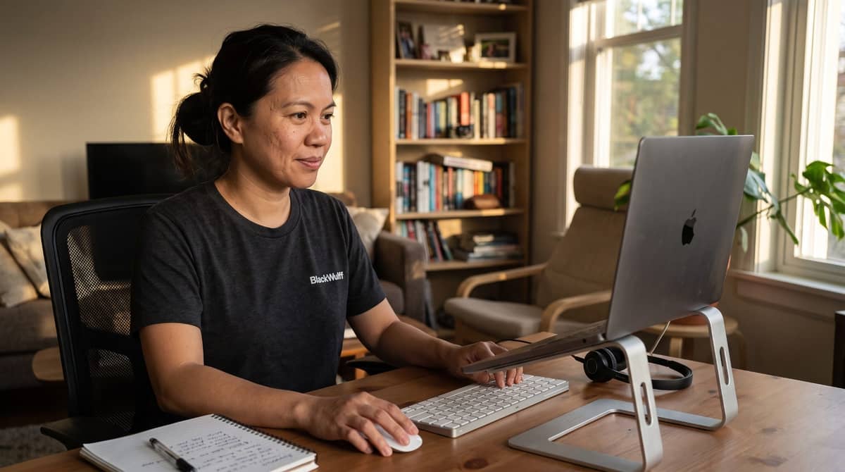 A Filipino marketing specialist at a home office desk in late afternoon light.
