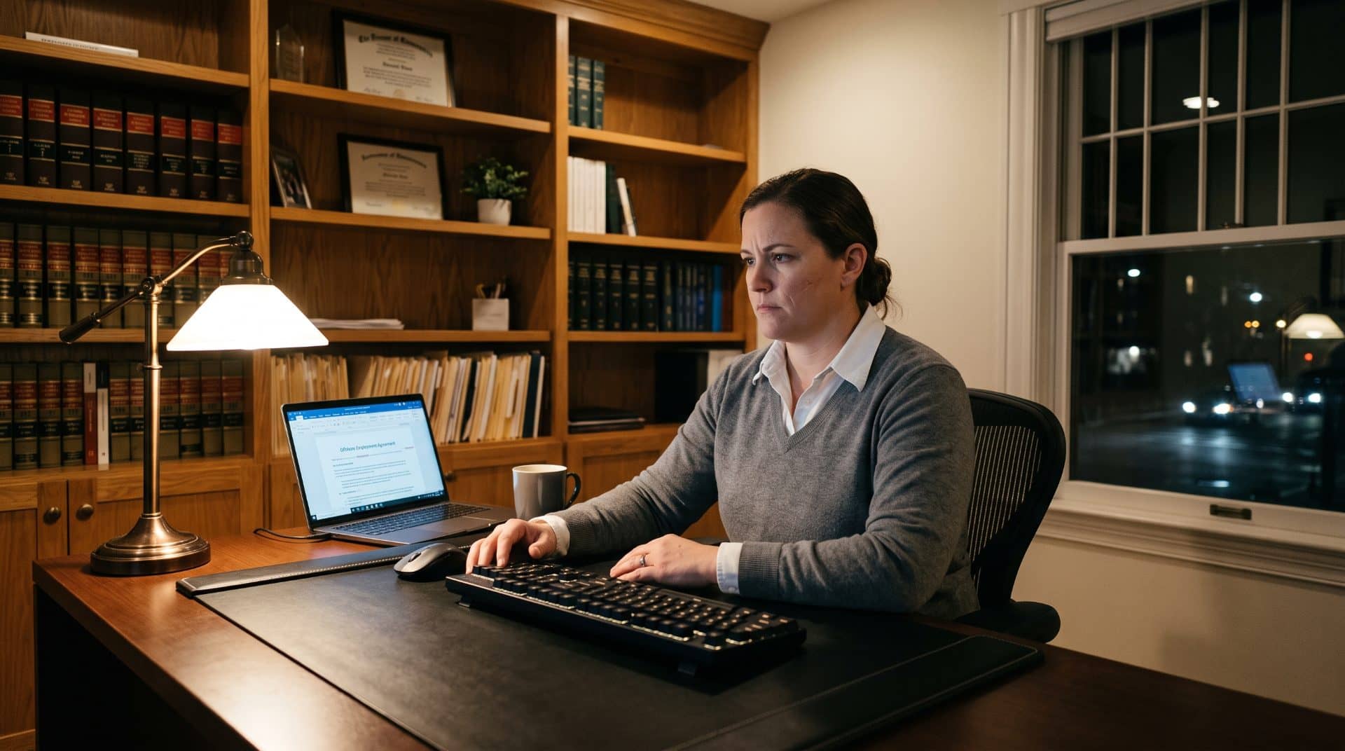 An American woman leaning forward slightly in a mid-sized US law firm.