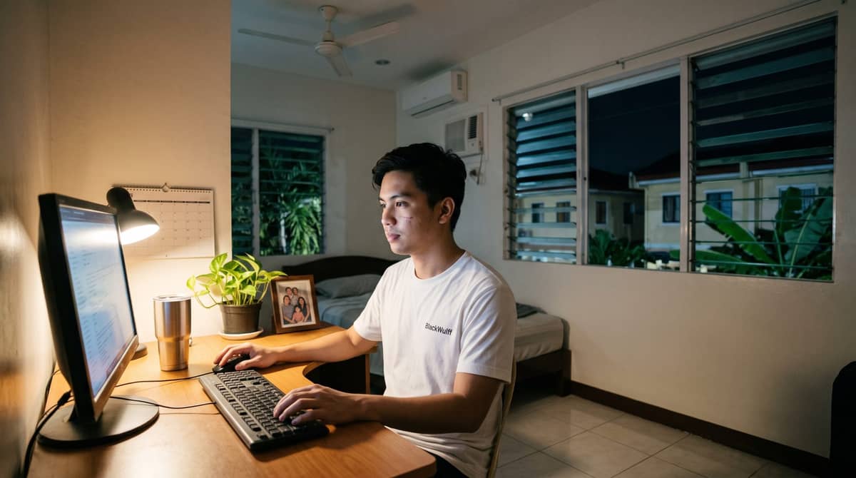 A Filipino remote worker at a home desk at night.