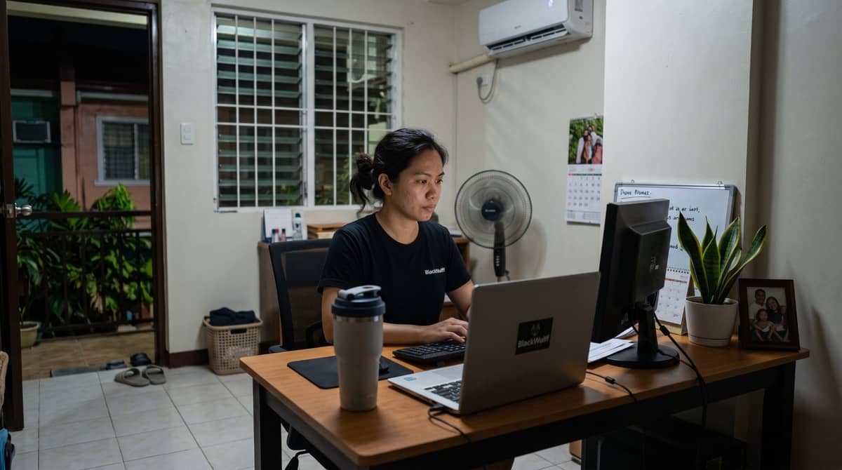 A Filipino remote legal professional sits at a dedicated home desk at night.