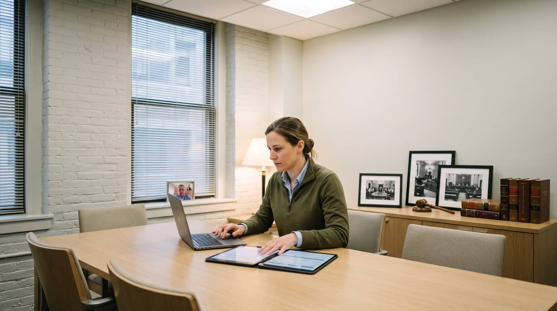 An American woman leaning slightly forward in a small conference room in a Boston litigation firm.