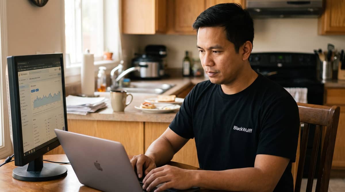 A Filipino SEO specialist working at a kitchen table in late morning light.