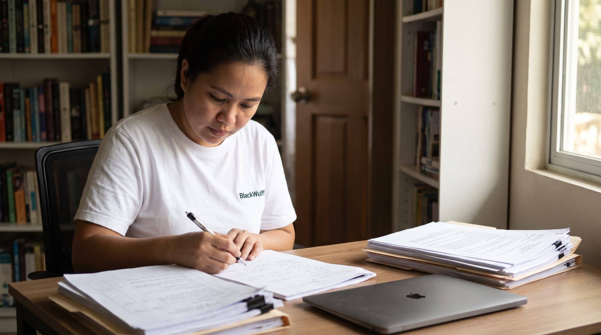 A Filipino onboarding specialist reviewing and annotating printed materials at a desk with a laptop.