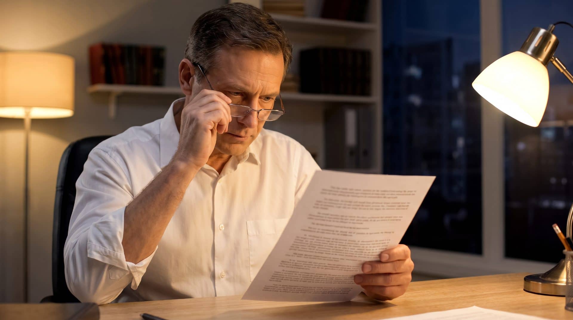 A person reviewing a printed document in a private office with shelving.