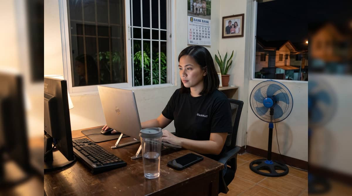 A Filipino legal professional sits at a dedicated desk in her Manila home at night.