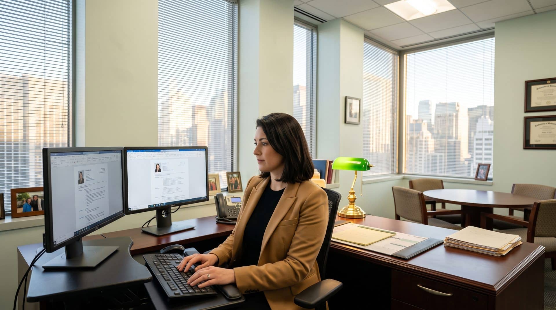 An American woman leaning forward slightly in a corner office in a major East Coast law firm.