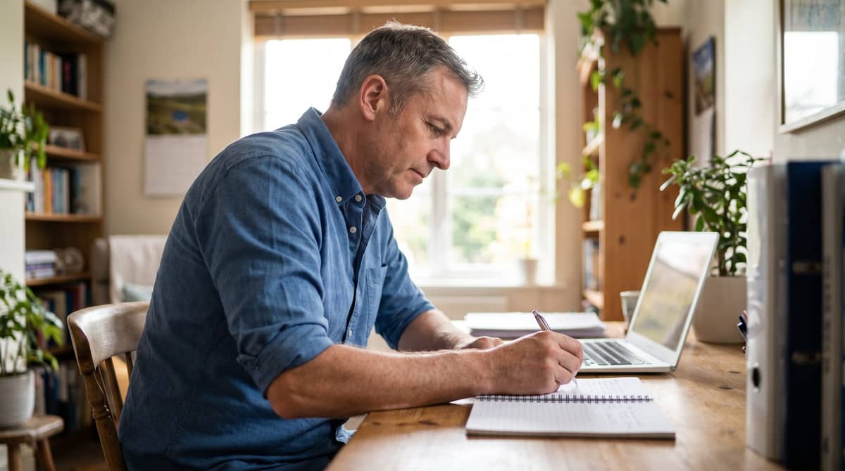 A Caucasian person writing by hand in a home office.