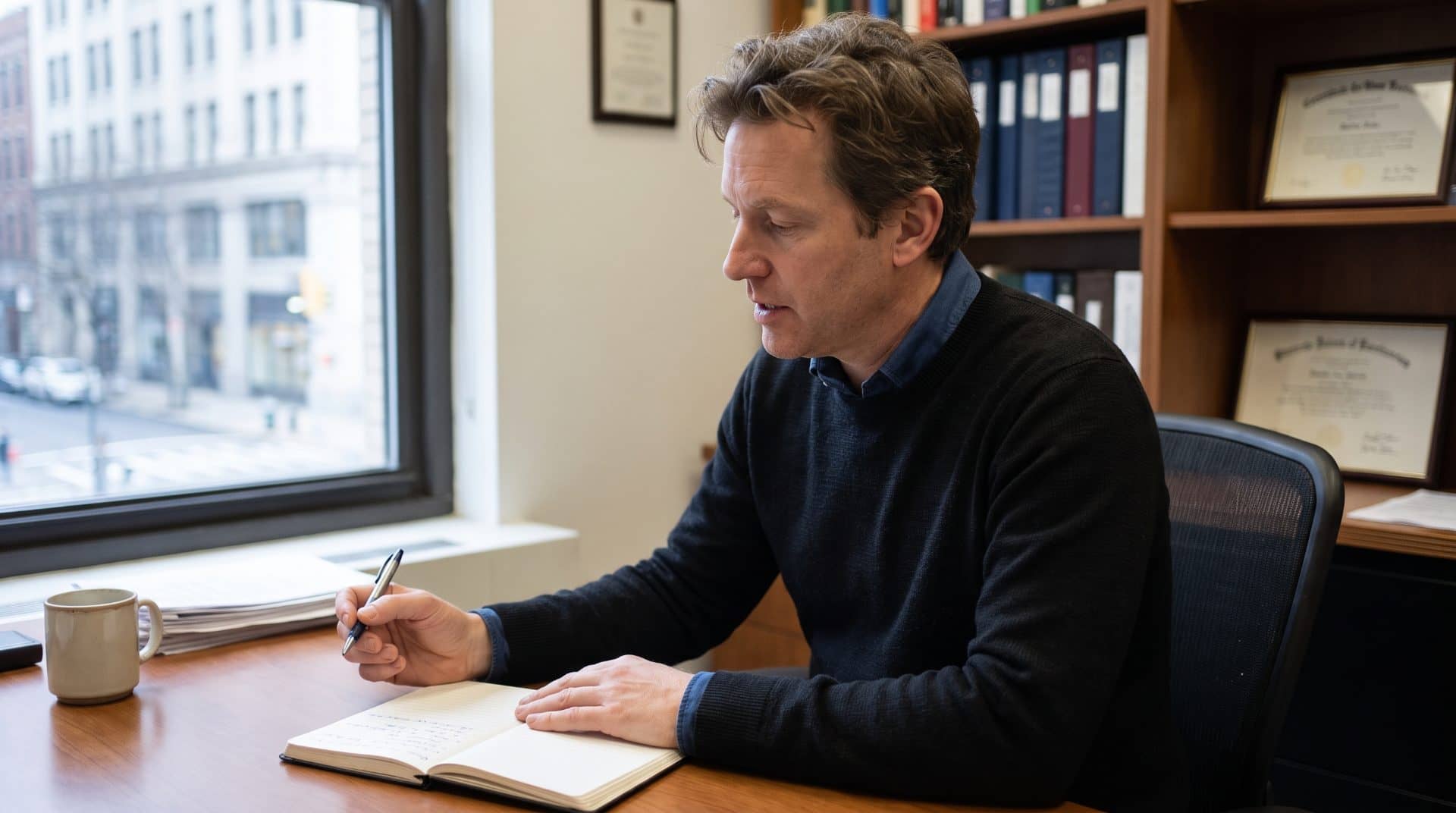 A Caucasian person writing by hand in a small private office.