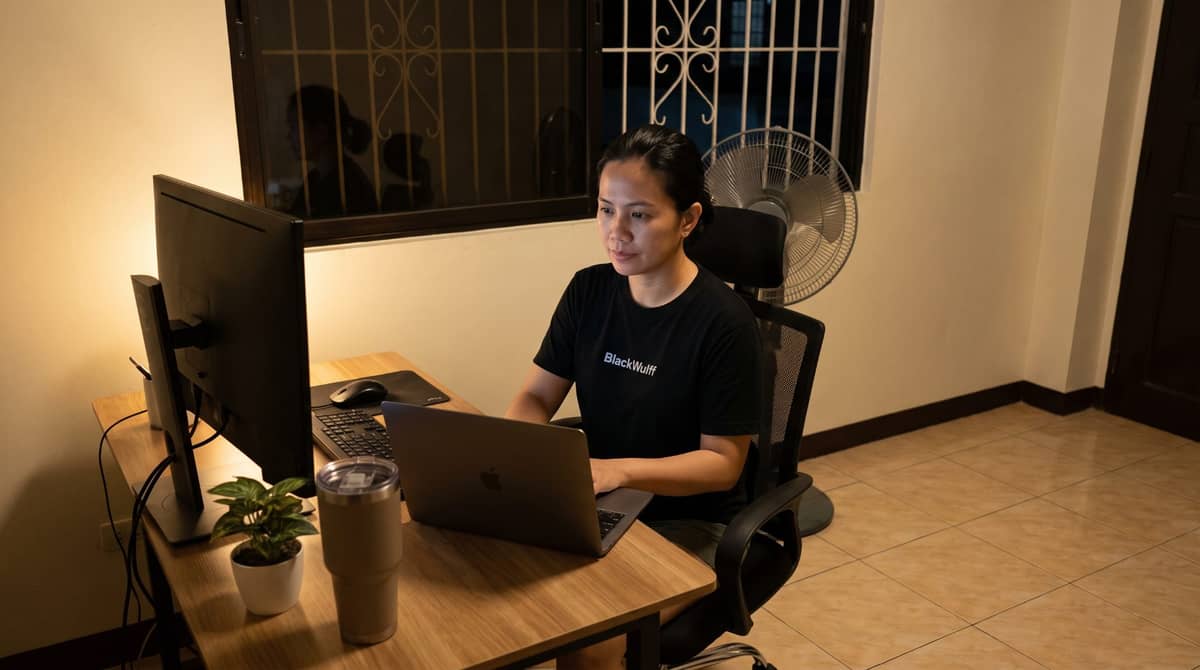 A Filipino paralegal working at night from a home desk in Manila.