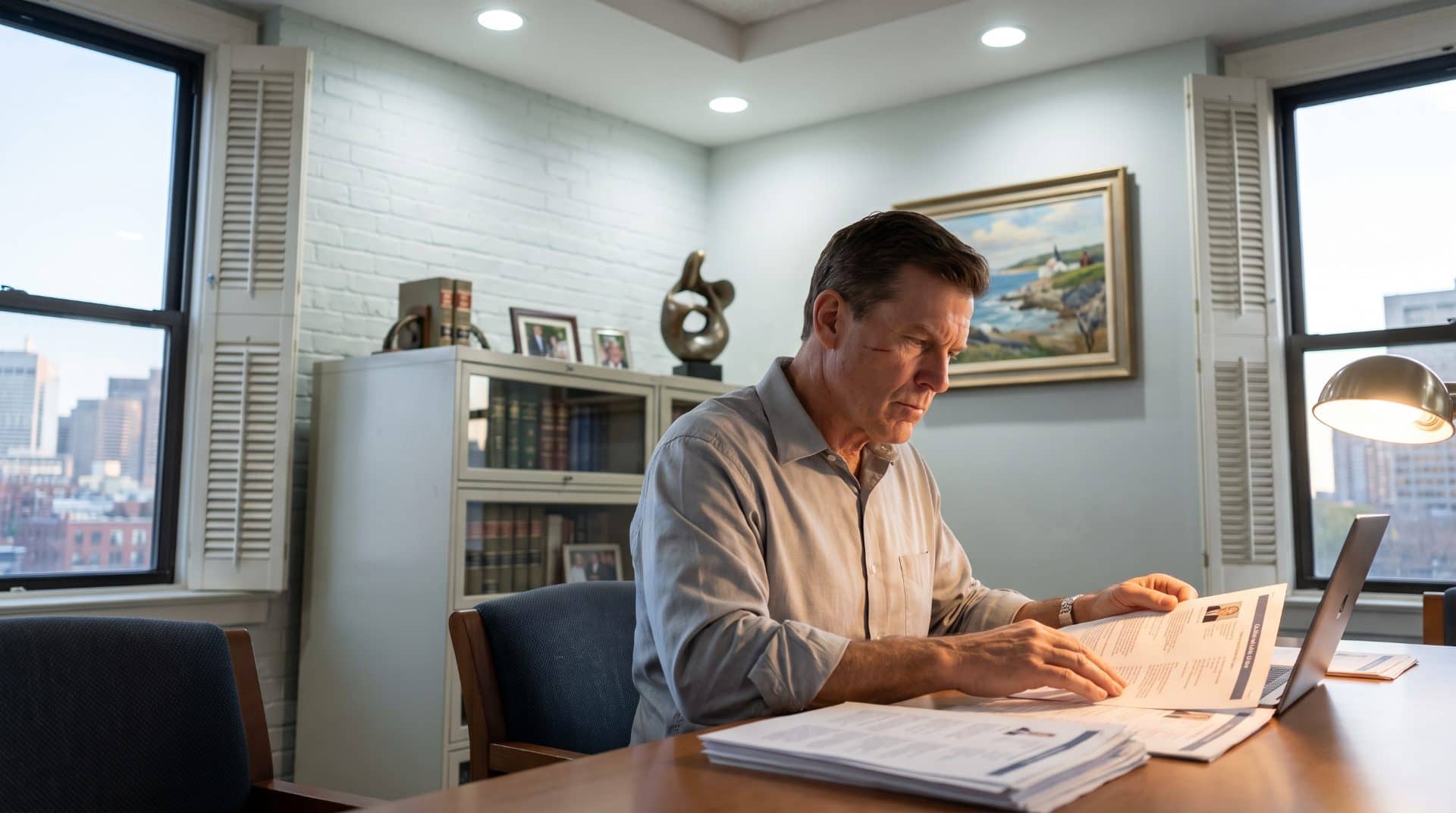 An American man upright in his chair in a corner office in a mid-sized Boston law firm.