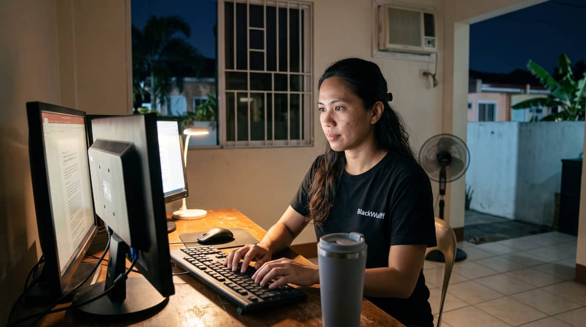 A Filipino professional sits at a dedicated desk in her home office at night.