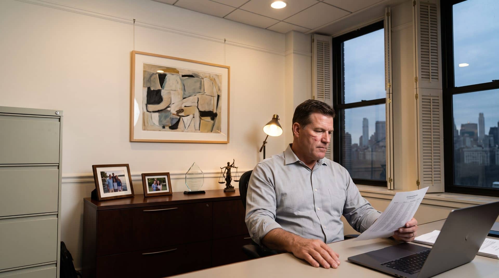 An American man leaning slightly back in his chair in a large Manhattan law firm.