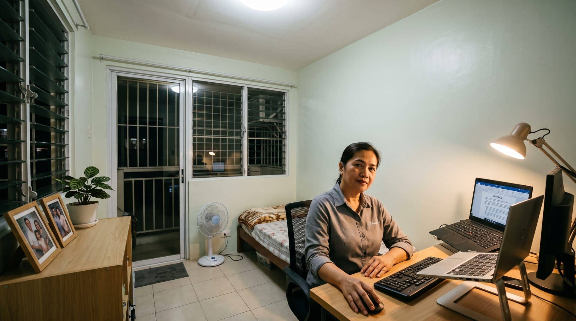 A Filipina woman upright at a desk in a modest bedroom corner converted to home office in Manila.