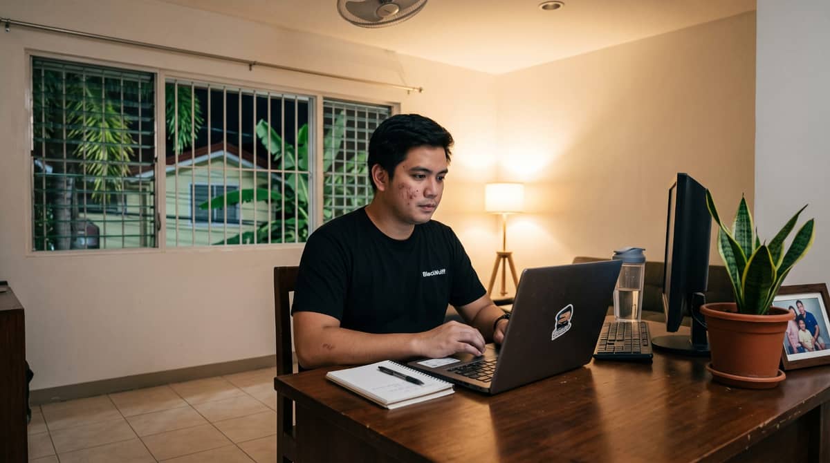 A Filipino professional sits at a dedicated desk in a home office at night.