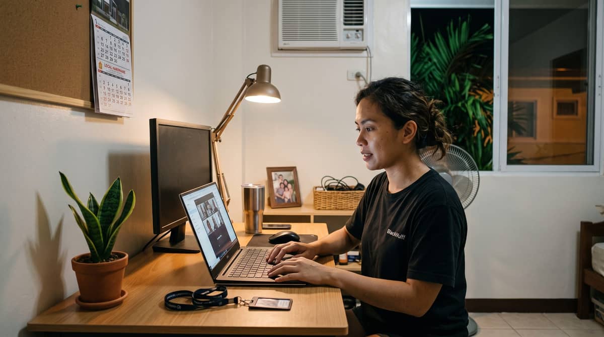 A Filipino professional sits at a dedicated desk in her home office at night.