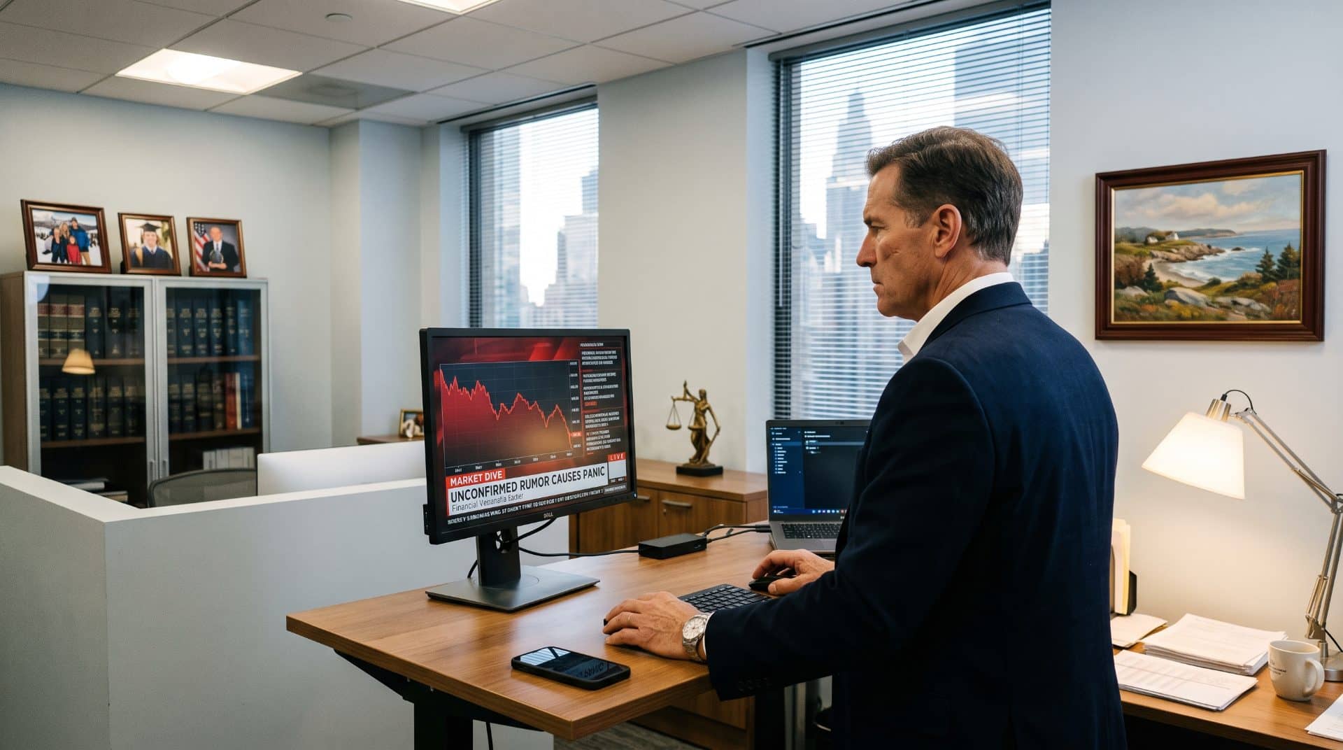 An American man standing upright at a standing desk in a mid-sized Manhattan law firm.